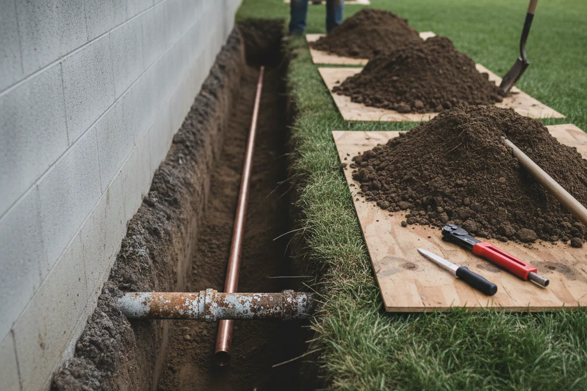 Excavated water line trench during Water Heater Repair in Mount Bethel